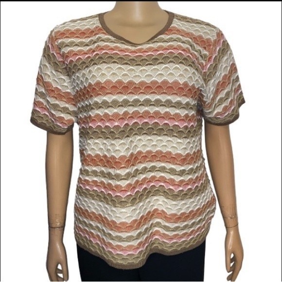 Alfred Dunner Knit Top Crochet Going Native Scalloped Brown Cream Rust Size M - Picture 10 of 10